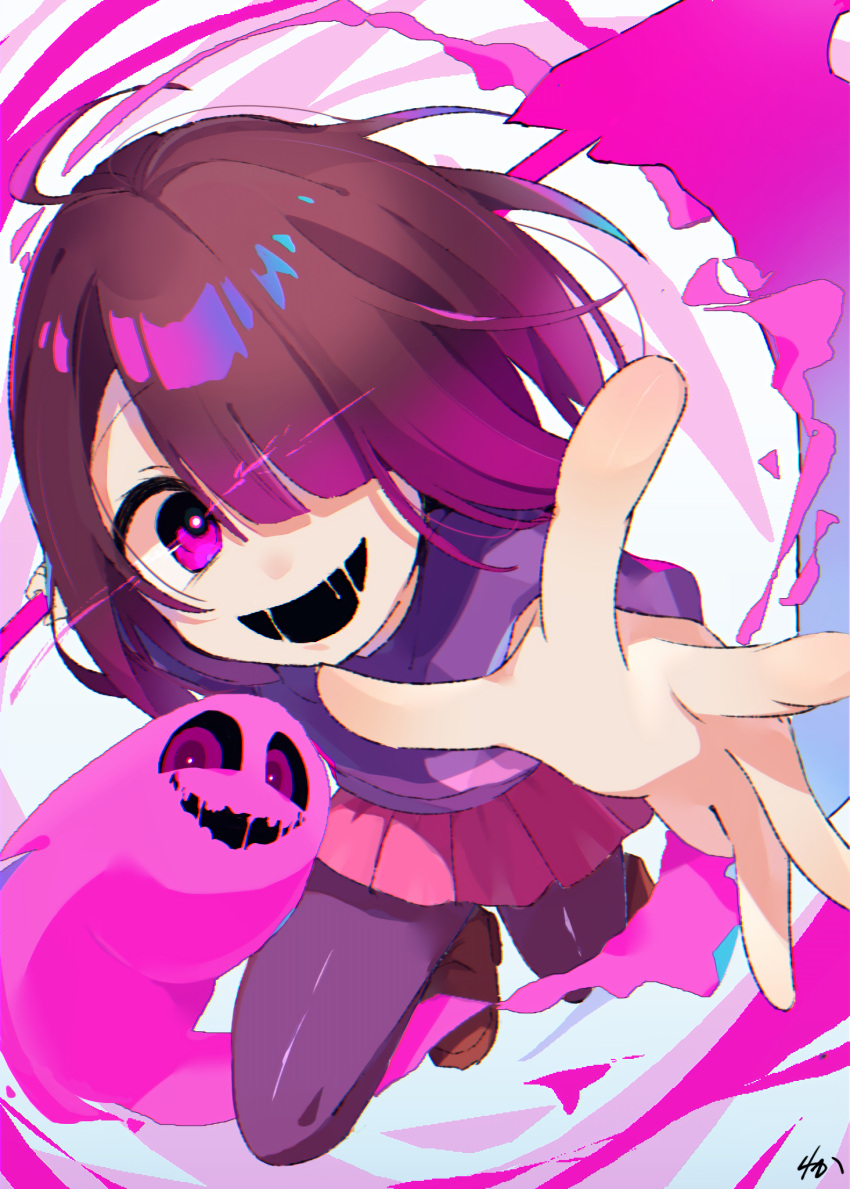 1girl, :d, ahoge, akumu_(glitchtale), alternate_universe, ankle_boots, bete_noire, black_mouth
