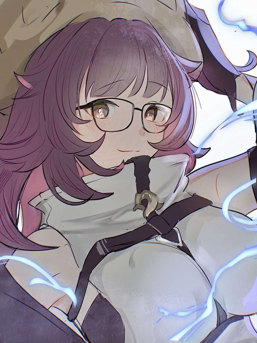 1girl, absurdres, arknights, bare_shoulders, black_gloves, blush, breasts, bright_pupils, brown_eyes, brown_hat, commentary_request, deepcolor_(arknights), deepcolor_(melodic_portrayal)_(arknights), electricity, glasses, gloves, hat, highres, large_breasts, long_hair, looking_at_viewer, official_alternate_costume, patipatipati_pa, purple_hair, shirt, simple_background, smile, solo, white_background, white_pupils, white_shirt