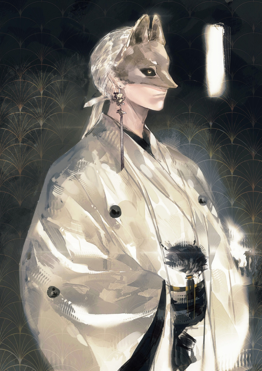 1boy, black_sclera, closed_mouth, colored_sclera, commentary, earrings, fox_mask, fox_mask_(silent_hill)