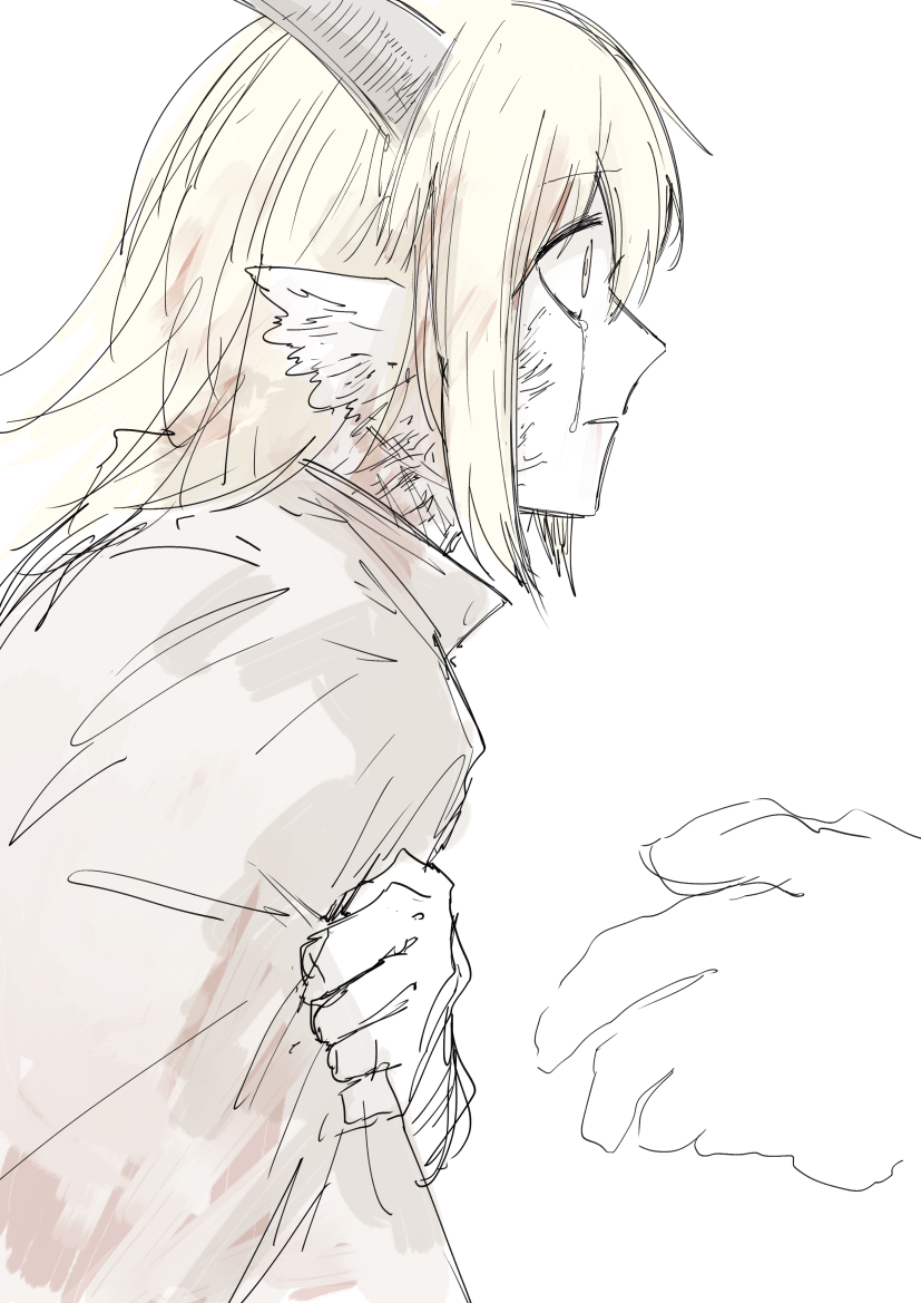 1girl, blonde_hair, blot_plot, cloak, commentary, crying, crying_with_eyes_open, from_side