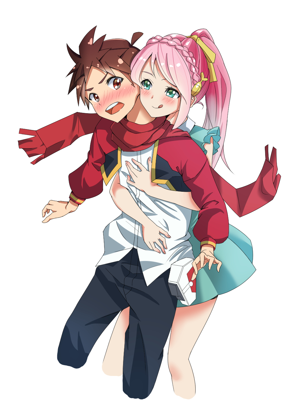 1boy, 1girl, age_difference, amakusa_kyo, anima_gear, aqua_dress, aqua_eyes, belt_pouch, black_pants, braid, brown_eyes, brown_hair, closed_mouth, crown_braid, dress, godai_01, hair_ornament, hair_ribbon, high_ponytail, highres, hug, hug_from_behind, jacket, long_hair, momiji_sakura, onee-shota, open_clothes, open_jacket, open_mouth, pants, pink_hair, ponytail, pouch, red_jacket, red_scarf, ribbon, scarf, shirt, short_hair, shota, tongue, tongue_out, white_shirt, yellow_ribbon