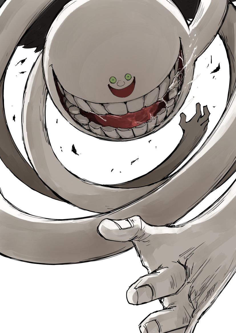 :d, blot_plot, commentary, evil_grin, evil_smile, extra_mouth, green_eyes, grin