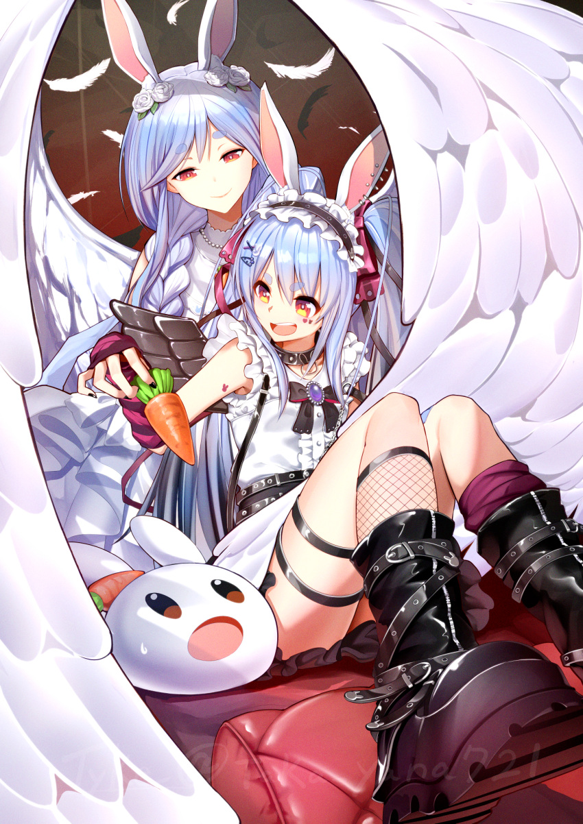 2girls, angel, angel_wings, animal_ears, black_boots, black_choker, black_nails, blue_hair, boots, braid, braided_ponytail, carrot, carrot_hair_ornament, choker, closed_mouth, dress, fishnet_socks, fishnets, food-themed_hair_ornament, hair_ornament, hairpin, highres, holding, holding_carrot, hololive, looking_at_another, looking_back, mother_and_daughter, multicolored_hair, multiple_girls, nail_polish, open_mouth, orange_eyes, pekomama, pekomama_(2nd_costume), pekomon_(usada_pekora), rabbit-shaped_pupils, rabbit_ears, rabbit_girl, red_arm_warmers, shirt, short_eyebrows, smile, socks, symbol-shaped_pupils, taka.yana, thigh_strap, two-tone_hair, usada_pekora, usada_pekora_(11th_costume), virtual_youtuber, white_dress, white_hair, white_shirt, wings, x_hair_ornament