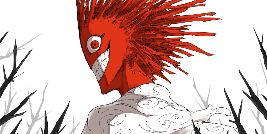 blot_plot, branch, close-up, colored_skin, evil_grin, evil_smile, grid_teeth, grin