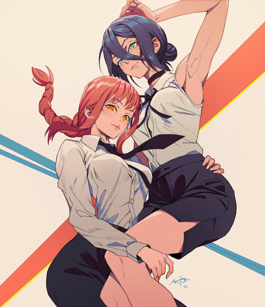 2girls, artist_name, black_choker, black_hair, black_necktie, black_pants, black_ribbon, braid