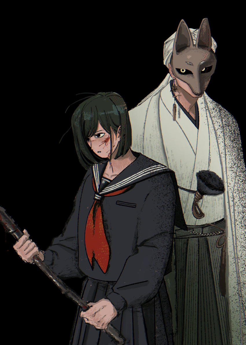 1boy, 1girl, asteraws, bleeding, blood, cheek_injury, fox_mask, fox_mask_(silent_hill)