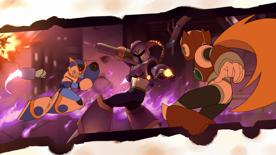 3boys, android, arm_cannon, armor, blonde_hair, blue_gloves, cannon, chest_jewel, clenched_teeth, fiery_background, fighting, finger_gun, fire, first_armor_x_(mega_man), forehead_jewel, full_body, gloves, green_eyes, grey_gloves, helmet, holding, jewelry, long_hair, may_(nicoseiga_32709921), mega_man_(series), mega_man_maverick_hunter_x, mega_man_x_(series), multiple_boys, ponytail, purple_armor, purple_helmet, red_armor, red_helmet, robot, robot_ears, rocket_punch, shoulder_armor, shoulder_cannon, standing, teeth, very_long_hair, vile_(mega_man), weapon, white_armor, white_gloves, white_helmet, x_(mega_man), zero_(mega_man)