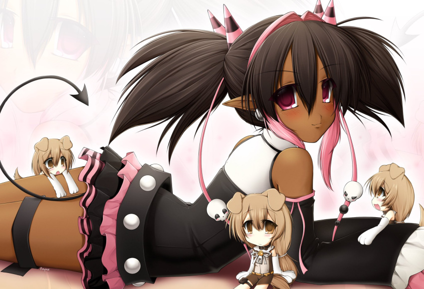 2000s_(style), 4girls, animal_ears, animal_hands, belt, blush, brown_eyes, brown_hair, chibi, dark-skinned_female, dark_skin, detached_sleeves, dog_ears, dog_girl, dog_tail, faux_retro_artstyle, floppy_ears, hair_intakes, highres, horns, lenni_(ponymoe), long_hair, low-tied_long_hair, magi_stop, magical_girl, mini_person, minigirl, miniskirt, multiple_girls, nene_(ponymoe), pink_eyes, pink_hair, pink_ribbon, pointy_ears, ponymoe, ribbon, skirt, skull, smile, tail, twintails