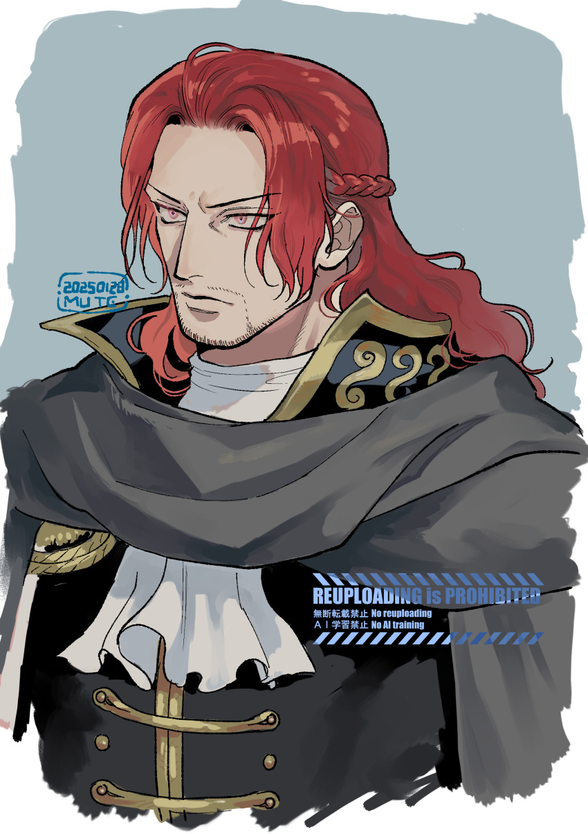 1boy, absurdres, alternate_hair_length, alternate_hairstyle, ascot, black_jacket, border, braid, cape, closed_mouth, commentary_request, grey_cape, highres, jacket, long_hair, male_focus, mature_male, momoh_jiyucho, one_piece, red_eyes, red_hair, shanks_(one_piece), signature, simple_background, solo, upper_body, white_ascot, white_border