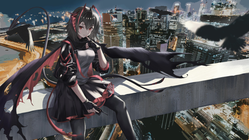 1girl, absurdres, antenna_hair, arknights, bird, black_gloves, black_jacket, black_pantyhose