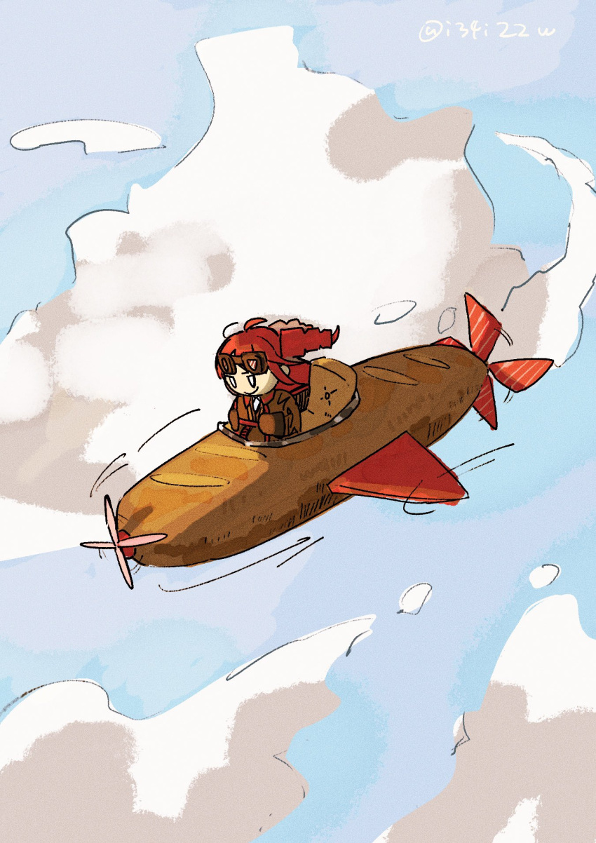 1girl, ahoge, aircraft, airplane, backpack, bag, bread, brown_jacket