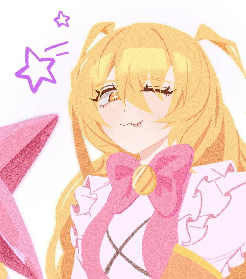 +_+, 1girl, :3, absurdres, armband, blonde_hair, bow, bowtie, don_quixote_(project_moon), e.g.o_(project_moon), fillter, highres, in_the_name_of_love_and_hate_(e.g.o), limbus_company, long_hair, long_sleeves, looking_at_viewer, one_eye_closed, orange_armband, pink_bow, pink_bowtie, pink_vest, project_moon, simple_background, solo, tongue, tongue_out, two_side_up, upper_body, vest, white_background, yellow_eyes