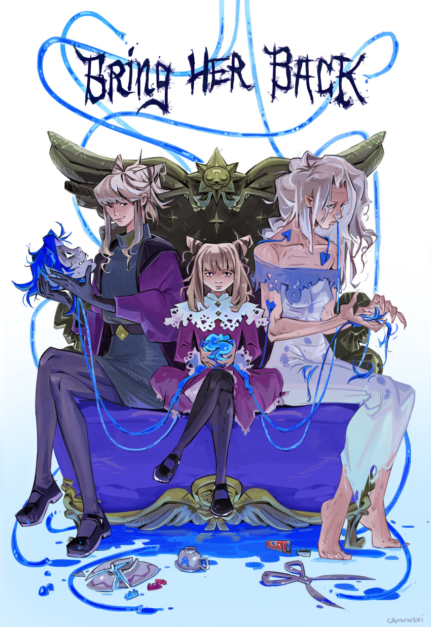 absurdres, barefoot, black_eyes, black_pantyhose, black_shoes, blonde_hair, blue_hair, broken_plate