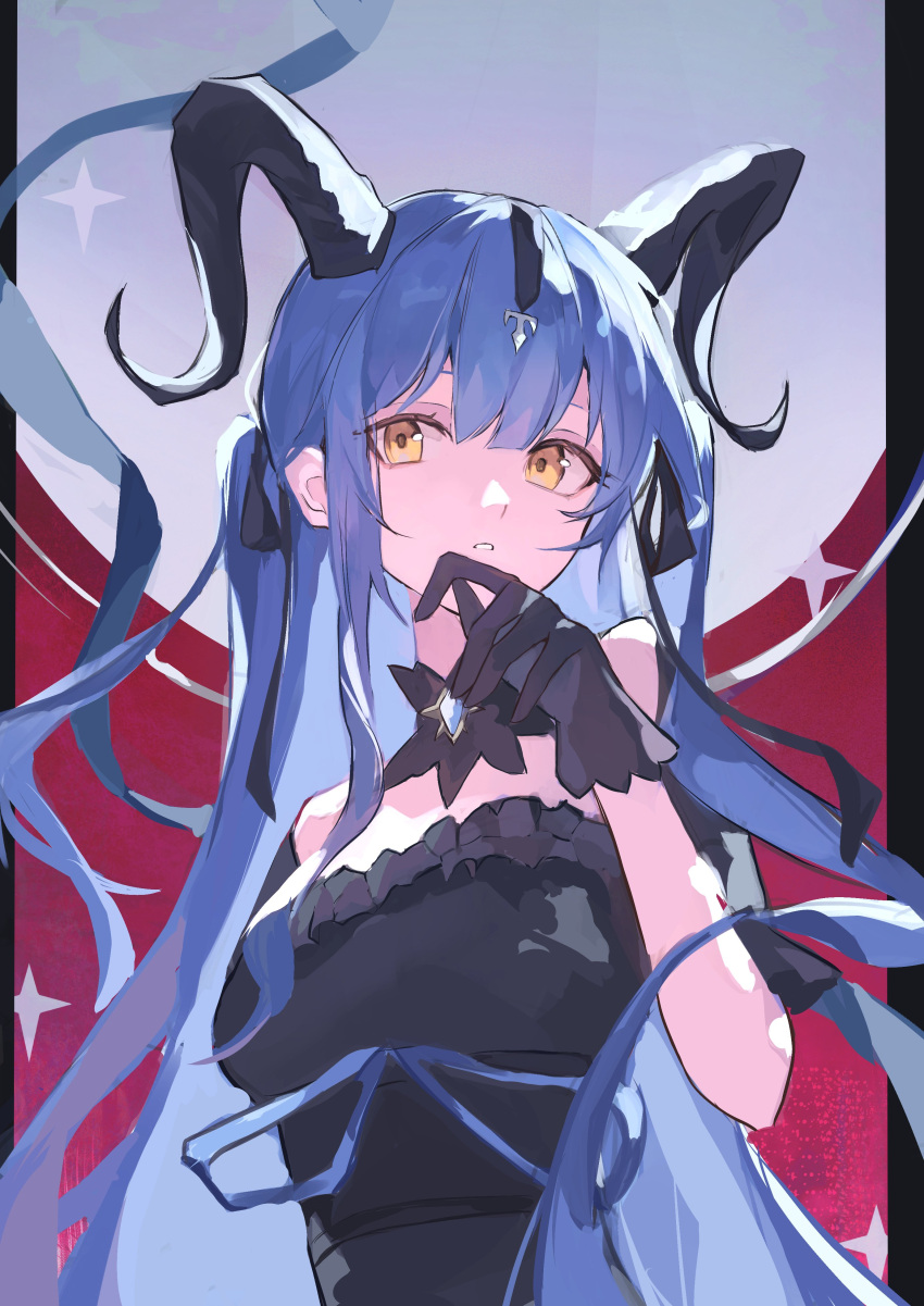 1girl, absurdres, arknights, asymmetrical_sidelocks, bang_dream!, bang_dream!_it's_mygo!!!!!, bare_shoulders, black_dress, black_gloves, black_horns, black_ribbon, blue_hair, blue_ribbon, breasts, curled_horns, demon_horns, detached_collar, dress, dress_ribbon, frilled_dress, frills, gloves, hair_between_eyes, hair_ribbon, hand_up, hashtag-only_commentary, highres, horns, linkai, long_hair, looking_at_viewer, medium_breasts, parted_lips, ribbon, sidelocks, solo, strapless, strapless_dress, togawa_sakiko, togawa_sakiko_(master_of_melodia), two_side_up, upper_body, very_long_hair, yellow_eyes