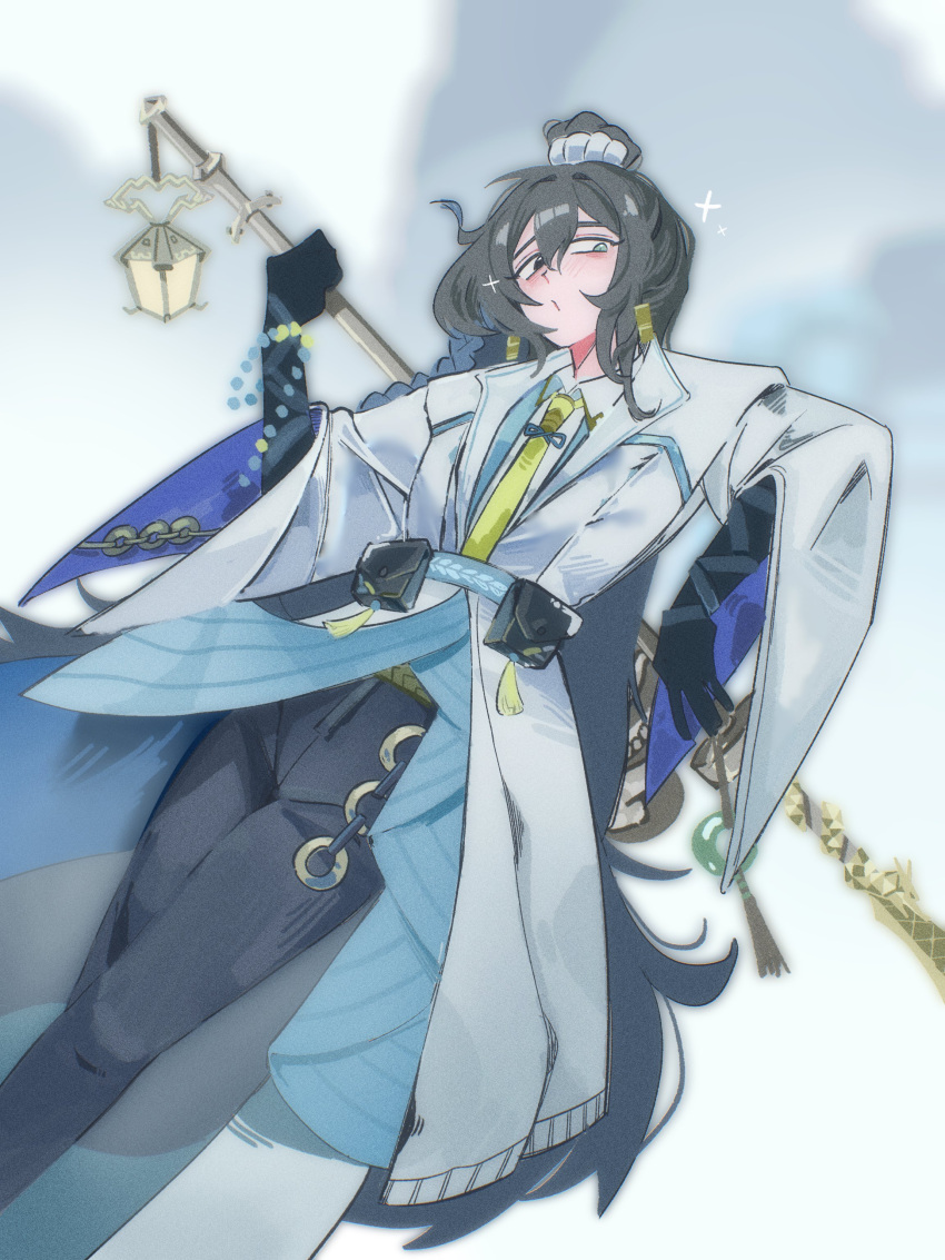 1boy, absurdres, arknights, black_eyes, black_gloves, black_hair, black_pants, blue_eyes