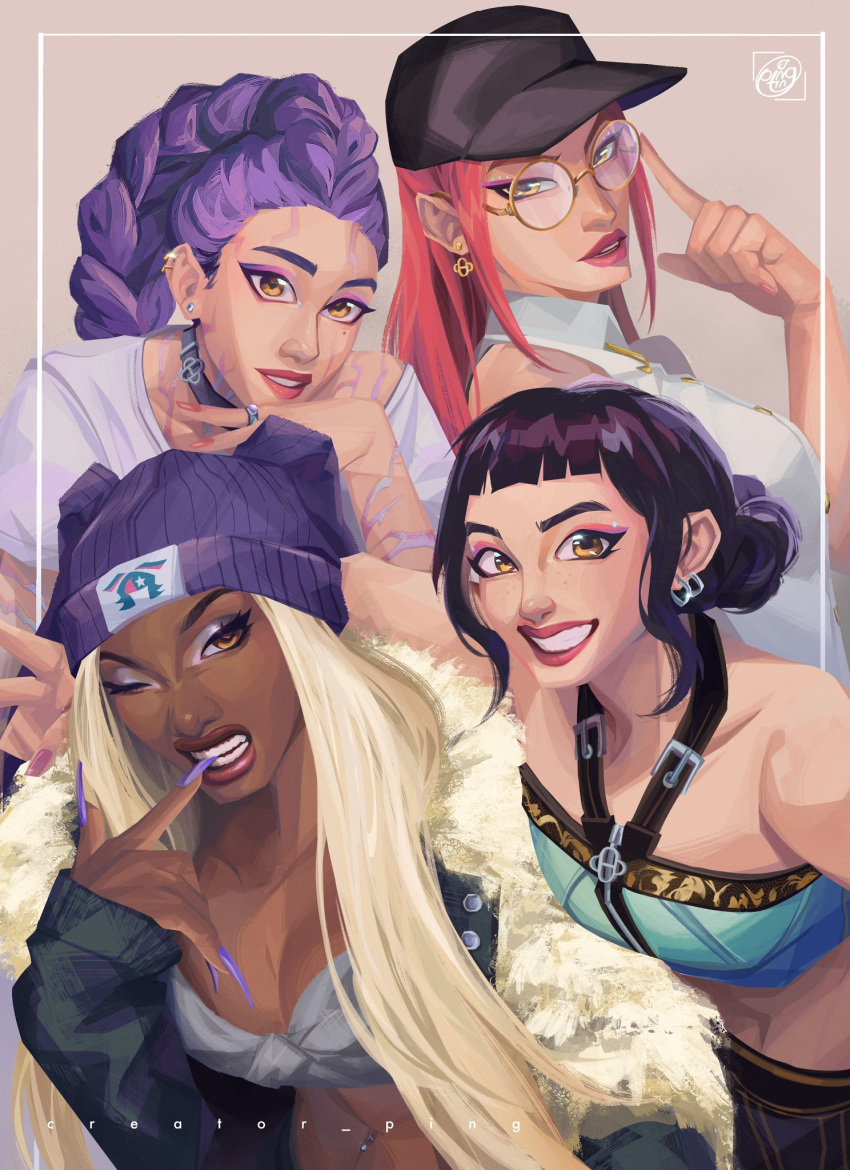 4girls, adjusting_eyewear, beanie, biting, black_hair, blonde_hair, blue_shirt, body_markings, brown_eyes, commentary, creator_ping, dark-skinned_female, dark_skin, dutch_braided_ponytail, earrings, english_commentary, eyeshadow, finger_on_eyewear, floating_earrings, freckles, glasses, grey_eyeshadow, hair_bun, halter_shirt, halterneck, hat, highres, jewelry, kpop_demon_hunters, long_hair, makeup, megan_thee_stallion, mira_(kpop_demon_hunters), mole, mole_under_eye, multiple_girls, nail_biting, one_eye_closed, pink_eyeshadow, pink_hair, pink_lips, purple_eyeshadow, purple_hair, real_life, ring, round_eyewear, rumi_(kpop_demon_hunters), shirt, signature, smile, teeth, zoey_(kpop_demon_hunters)