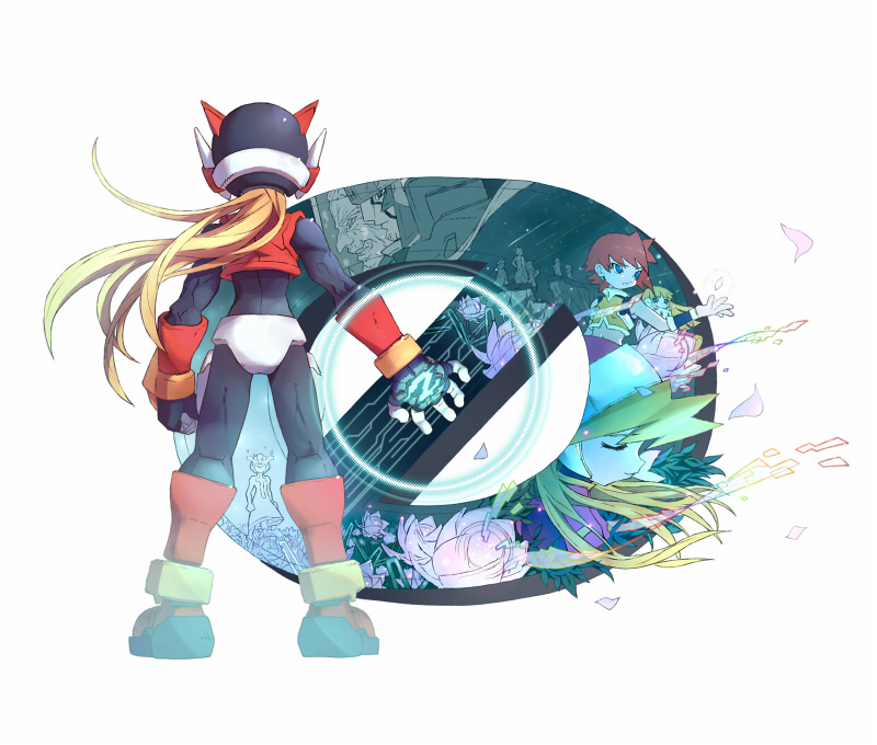 3boys, alouette_(mega_man), android, armor, blonde_hair, blue_eyes, ciel_(mega_man), clenched_hand
