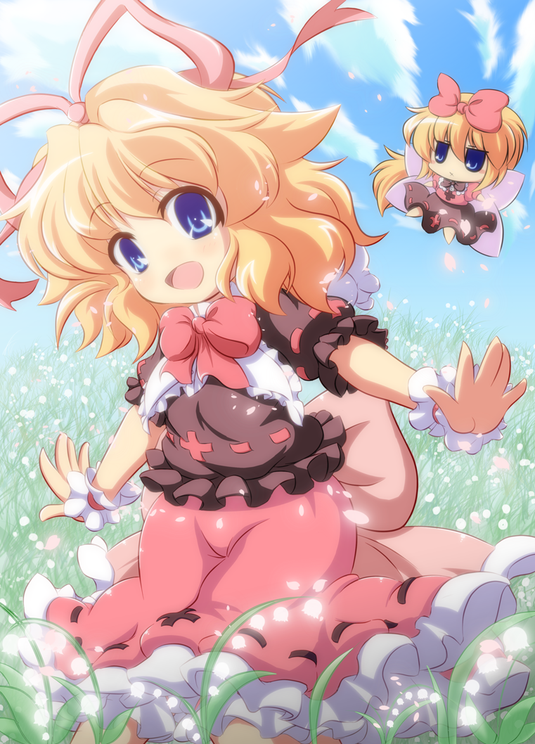 blonde_hair, blue_eyes, doll, dress, dress_shirt, flower, flower_field, hair_ribbon