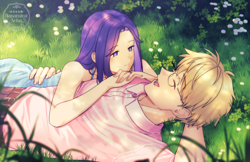 1boy, 1girl, absurdres, artist_name, bilingual_commentary, blonde_hair, blue_dress, closed_eyes