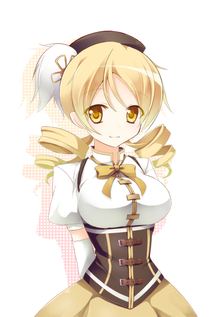 arms_behind_back, blonde_hair, bowtie, breasts, chibi_arisu, corset, drill_hair, gloves, hat, large_breasts, light_smile, mahou_shoujo_madoka_magica, simple_background, solo, tomoe_mami, twin_drills, twintails, yellow_eyes