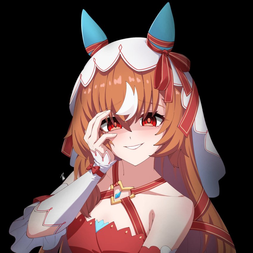 1girl, animal_ears, brown_hair, ear_covers, highres, horse_ears, horse_girl, multicolored_hair, neko_reina, red_eyes, smile, solo, still_in_love_(scarlet_vow_raiment)_(umamusume), still_in_love_(umamusume), streaked_hair, string, umamusume, upper_body, veil, white_veil, yandere, yandere_trance