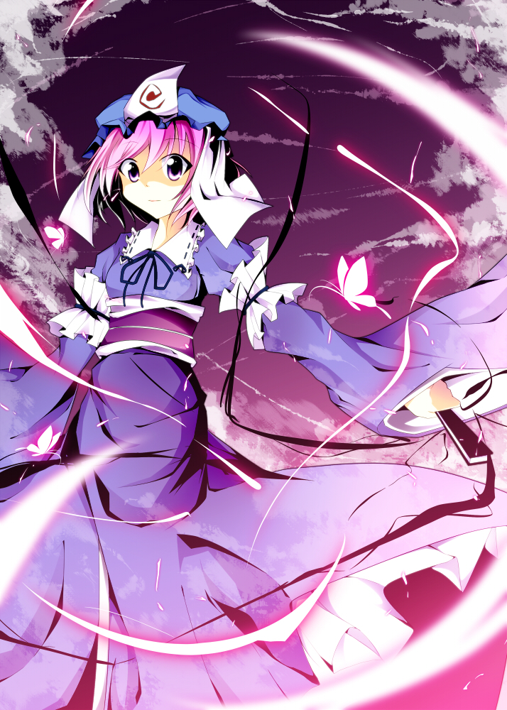 cherry_blossoms, fan, folding_fan, hakobako, hat, japanese_clothes, obi, paruku2606, petals, pink_eyes, pink_hair, saigyouji_yuyuko, solo, touhou, triangular_headpiece