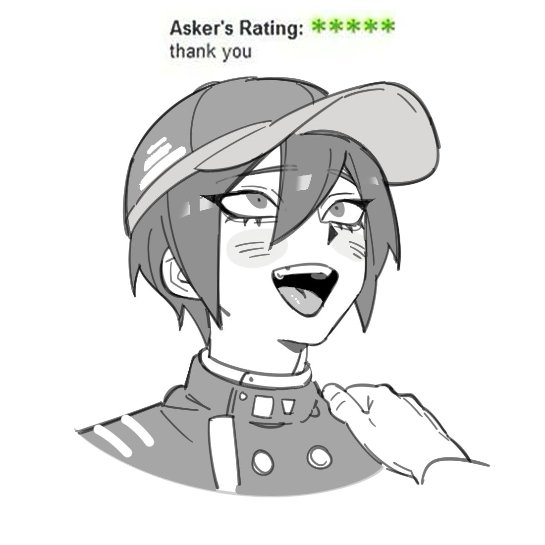 blush, danganronpa_(series), danganronpa_v3:_killing_harmony, disembodied_hand, eyelashes, greyscale, hand_on_another's_shoulder, male_focus, miri_(bossu_osu), monochrome, open_mouth, saihara_shuichi, teeth, upper_body, upper_teeth_only, yahoo!, yahoo_answers