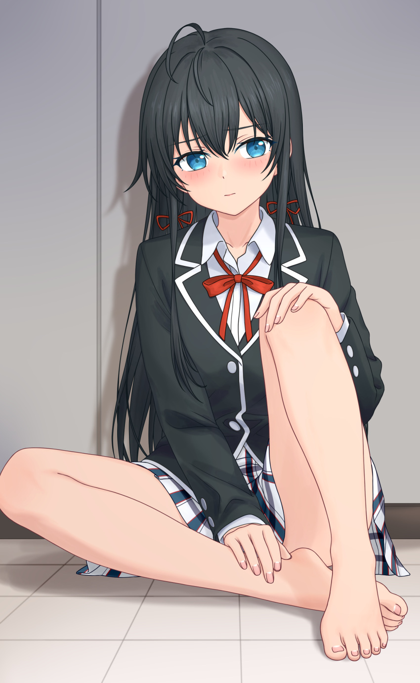 1girl, absurdres, ahoge, barefoot, black_hair, black_jacket, blazer, blue_eyes