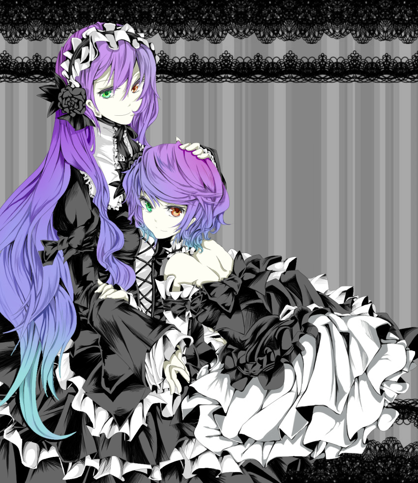 anti_the_infinite_holic_(vocaloid), black_rose, black_rose_(flower), dress, flower, frills, gothic_lolita, gradient_hair