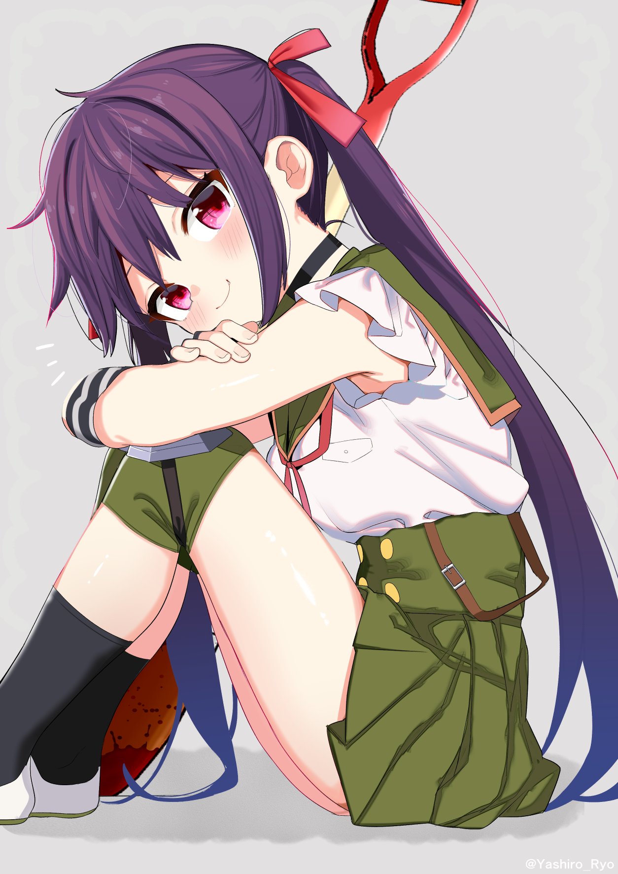 1girl, black_choker, black_socks, blood_on_shovel, blush, breast_pocket, choker, ebisuzawa_kurumi