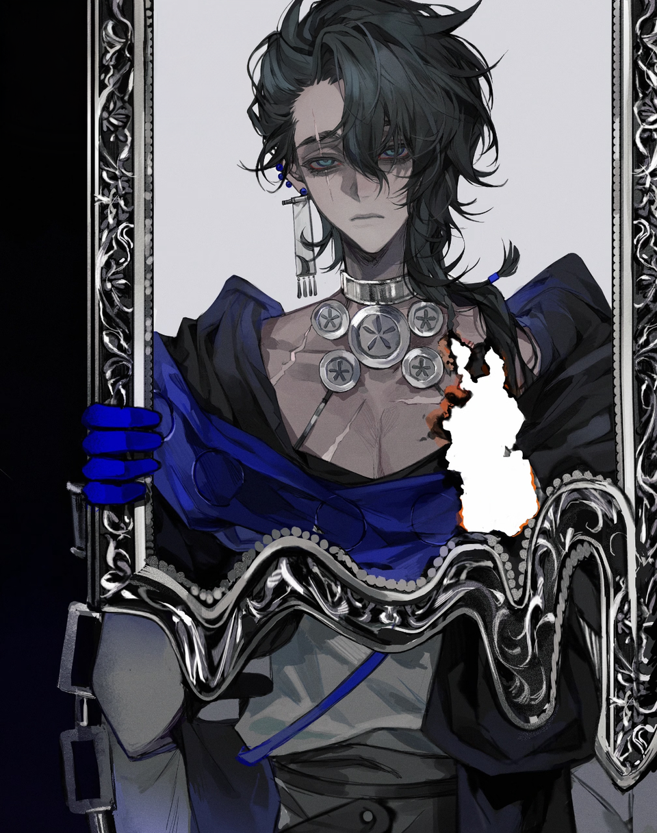 1boy, bags_under_eyes, black_hair, black_jacket, blue_eyes, blue_gloves, braid, choker