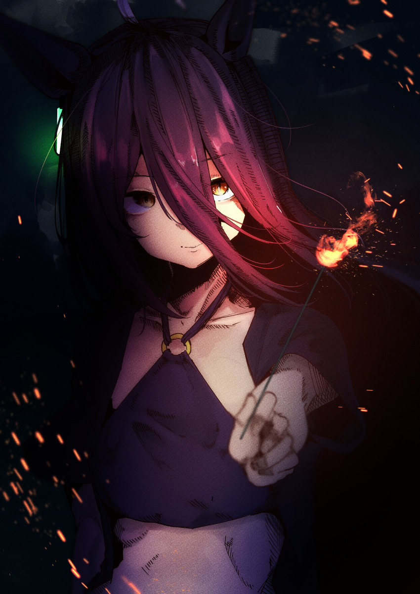 1girl, absurdres, ahoge, animal_ears, black_hair, black_shirt, closed_mouth, collarbone