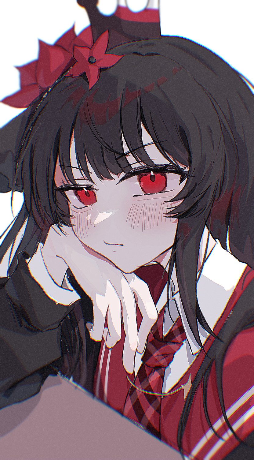 1girl, black_hair, closed_mouth, collared_shirt, commentary_request, crown, flower, hair_flower