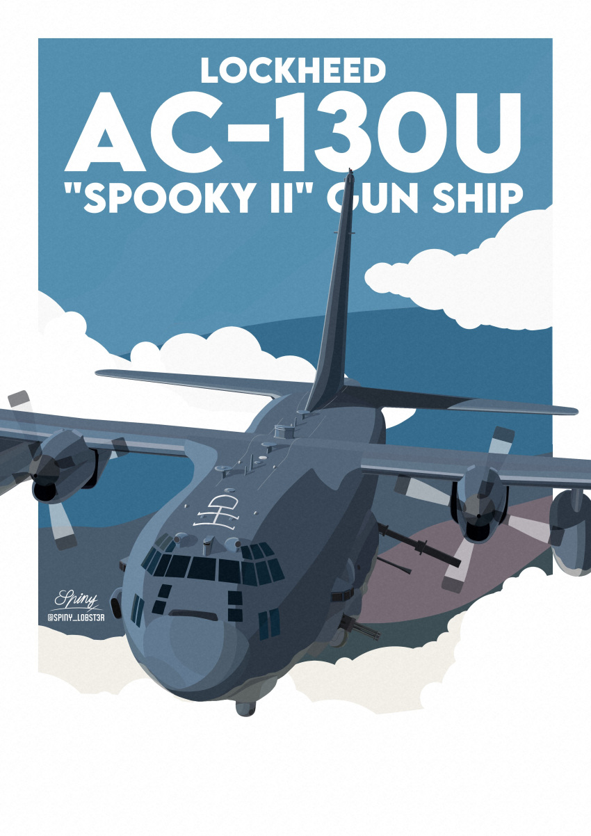 absurdres, ac-130_spectre, aircraft, airplane, artist_name, blue_sky, border, c-130_hercules