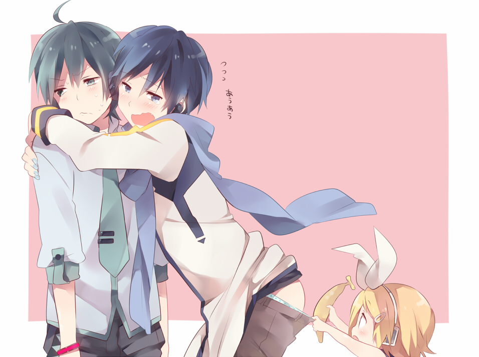 aqua_eyes, aqua_hair, bad_id, banana, blonde_hair, blue_eyes, blue_hair, blush