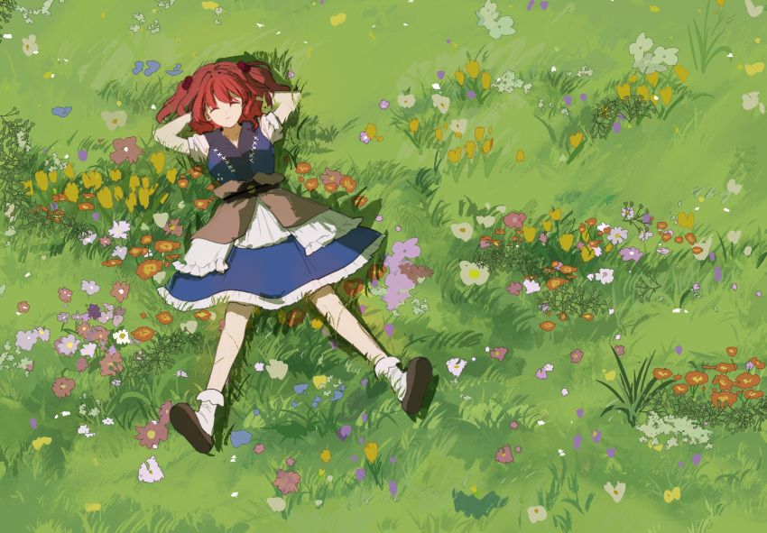 1girl, ^_^, arms_behind_head, breasts, brown_shoes, closed_eyes, commentary, dress