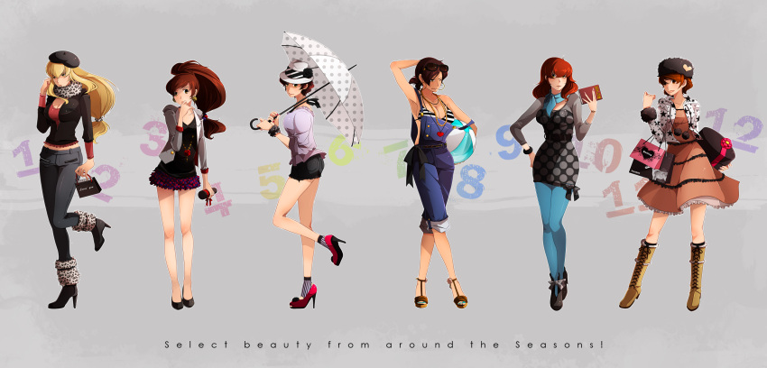 :o, bag, ball, beret, book, breasts, cleavage, fashion, glasses, gray, hair_ribbon, hands, hat, high_heels, highres, jewelry, large_breasts, legs, long_hair, lupin_iii, nasubi_(pixiv), nasubi_(w.c.s), necklace, overalls, pantyhose, ribbon, shoes, shorts, skirt, smile, trap, umbrella