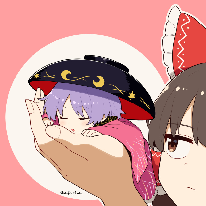 2girls, blush, bow, bowl, bowl_hat, brown_hair, closed_eyes, closed_mouth, commentary, frilled_bow, frilled_hair_tubes, frills, hair_bow, hair_tubes, hakurei_reimu, hat, highres, japanese_clothes, kapuri_(capuriwa), kimono, long_hair, long_sleeves, mini_person, minigirl, multiple_girls, open_mouth, person_on_hand, pink_kimono, purple_hair, red_bow, red_eyes, short_hair, sleeping, sukuna_shinmyoumaru, touhou, twitter_username, wide_sleeves