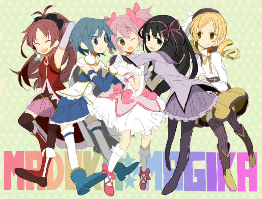 akemi_homura, bad_id, blonde_hair, blue_eyes, blue_hair, drill_hair, gloves, hug, kaname_madoka, long_hair, magical_girl, mahou_shoujo_madoka_magica, miki_sayaka, multiple_girls, pantyhose, pink_hair, purple_eyes, red_eyes, sakura_kyouko, shoes, short_hair, smile, tears, toco_(7037034), tomoe_mami, twintails, violet_eyes, wink, yellow_eyes
