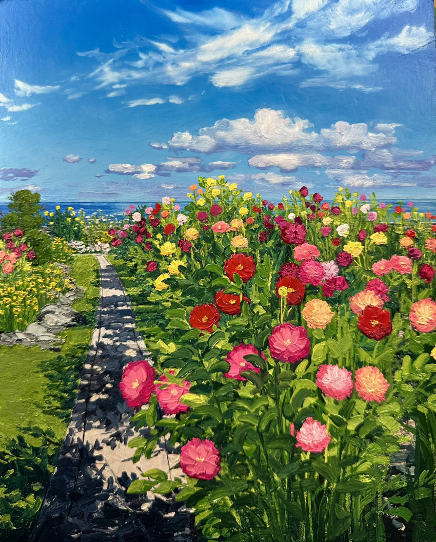 blue_sky, bush, clouds, commentary, day, english_commentary, flower, highres