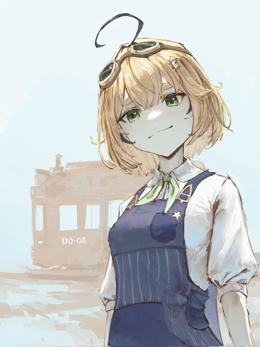 1girl, ahoge, black_streaks, blonde_hair, blue_overalls, bow, bowtie, dooby