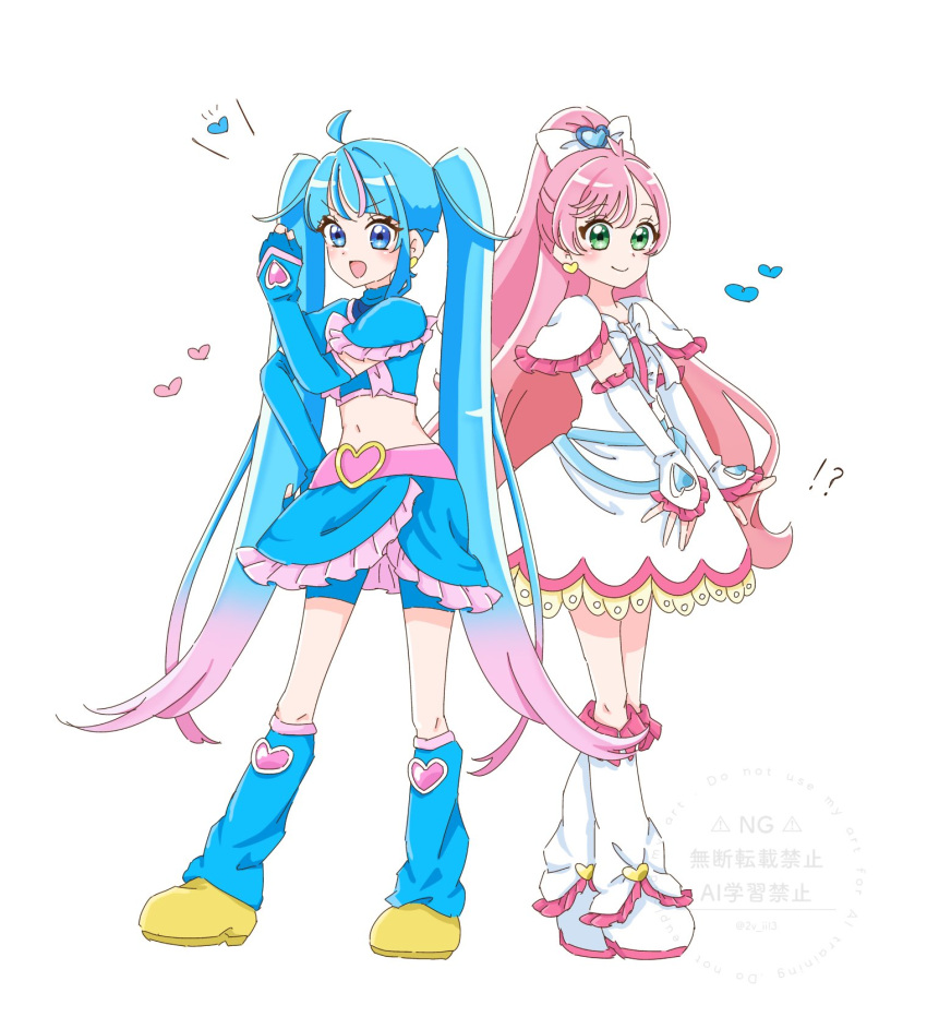 !?, 2girls, 2v_iil3, :d, ahoge, arm_warmers, asymmetrical_bangs, belt