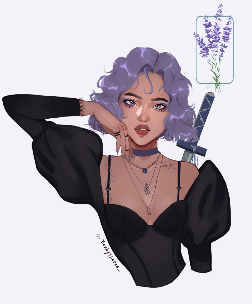 1girl, aegyo_sal, arm_up, black_bustier, black_dress, black_sleeves, bob_cut, bra_strap