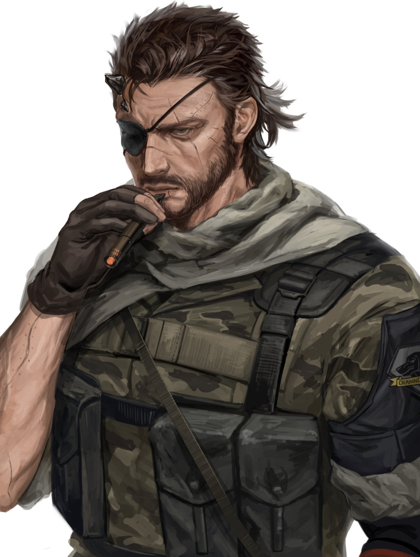 1boy, beard, black_gloves, camouflage, cigar, diamond_dogs, expressionless, eyepatch