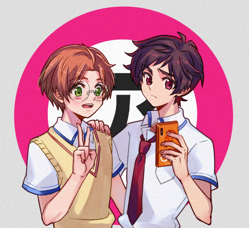 2boys, brown_hair, brown_sweater_vest, closed_mouth, collared_shirt, commentary_request, formatkun, glasses