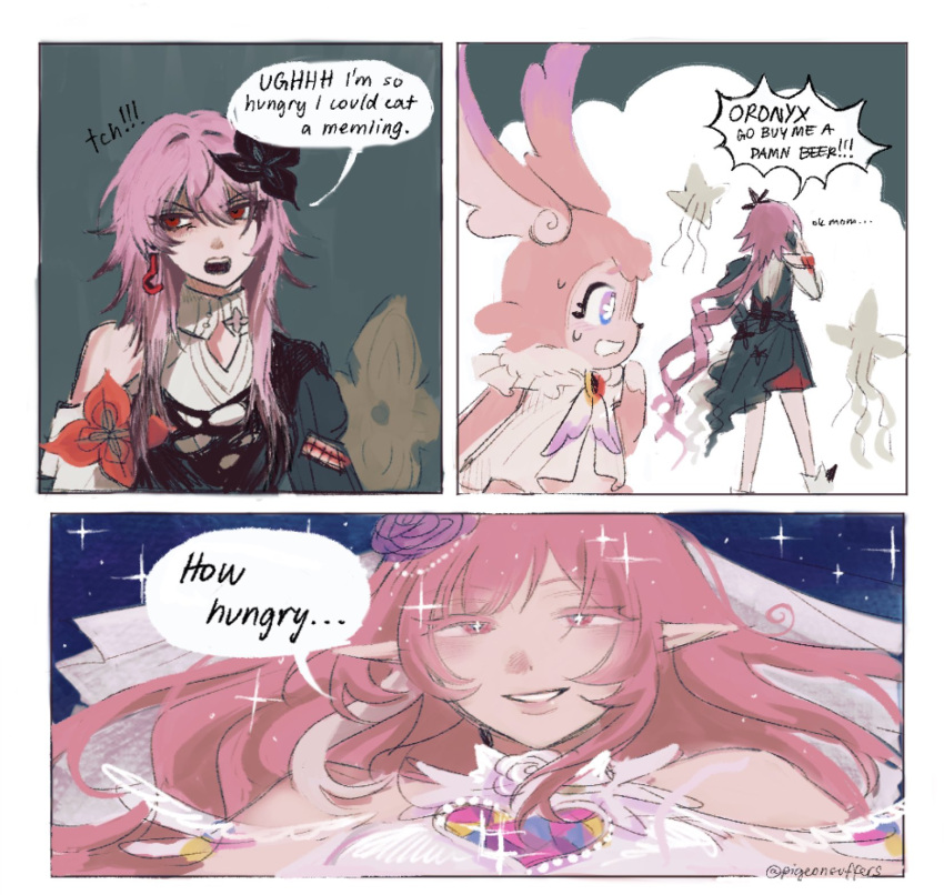 2girls, bare_shoulders, black_dress, black_flower, cyrene_(honkai:_star_rail), cyrene_(ripples_of_past_reverie)_(honkai:_star_rail), dress, earrings, evernight_(honkai:_star_rail), flower, hair_between_eyes, heart, heart_print, highres, honkai_(series), honkai_impact_3rd, how_hungry..._(meme), jewelry, long_hair, march_7th_(honkai:_star_rail), mem_(honkai:_star_rail), meme, multiple_girls, pigeonsuffers, pink_fur, pink_hair, pointy_ears, red_eyes, red_flower, rose, single_earring, sparkle, sparkling_eyes, speech_bubble, star_(sky), sweat, veil, very_long_hair, white_dress, white_flower, white_rose, white_streaks, white_veil, yuri