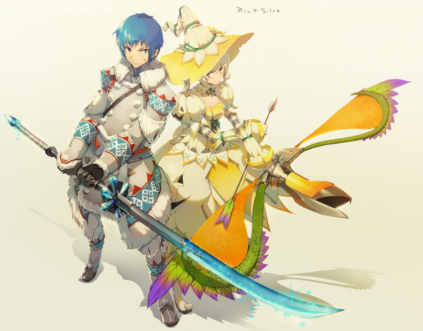 blue_eyes, blue_hair, blush, bow_(weapon), brown_eyes, capcom, gloves, hat, magyuru_(armor), monster_hunter, monster_hunter_portable_3rd, nightmare_(armor), scar, short_hair, smile, striped, sword, tujisaki, urukususu_(armor), weapon, white_hair