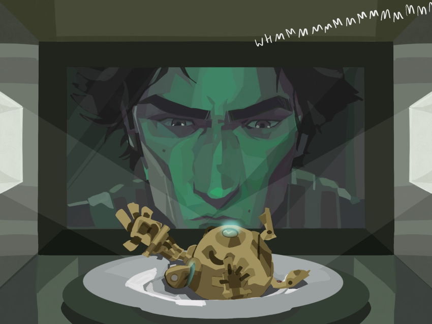 1boy, 1other, arcane:_league_of_legends, blitzcrank, brown_eyes, closed_mouth, clutching_chest, frown, hand_up, highres, league_of_legends, looking_at_another, lying, microwave, microwave_interior, on_back, robot, short_hair, sixdays_away, viktor_(arcane), viktor_(league_of_legends)