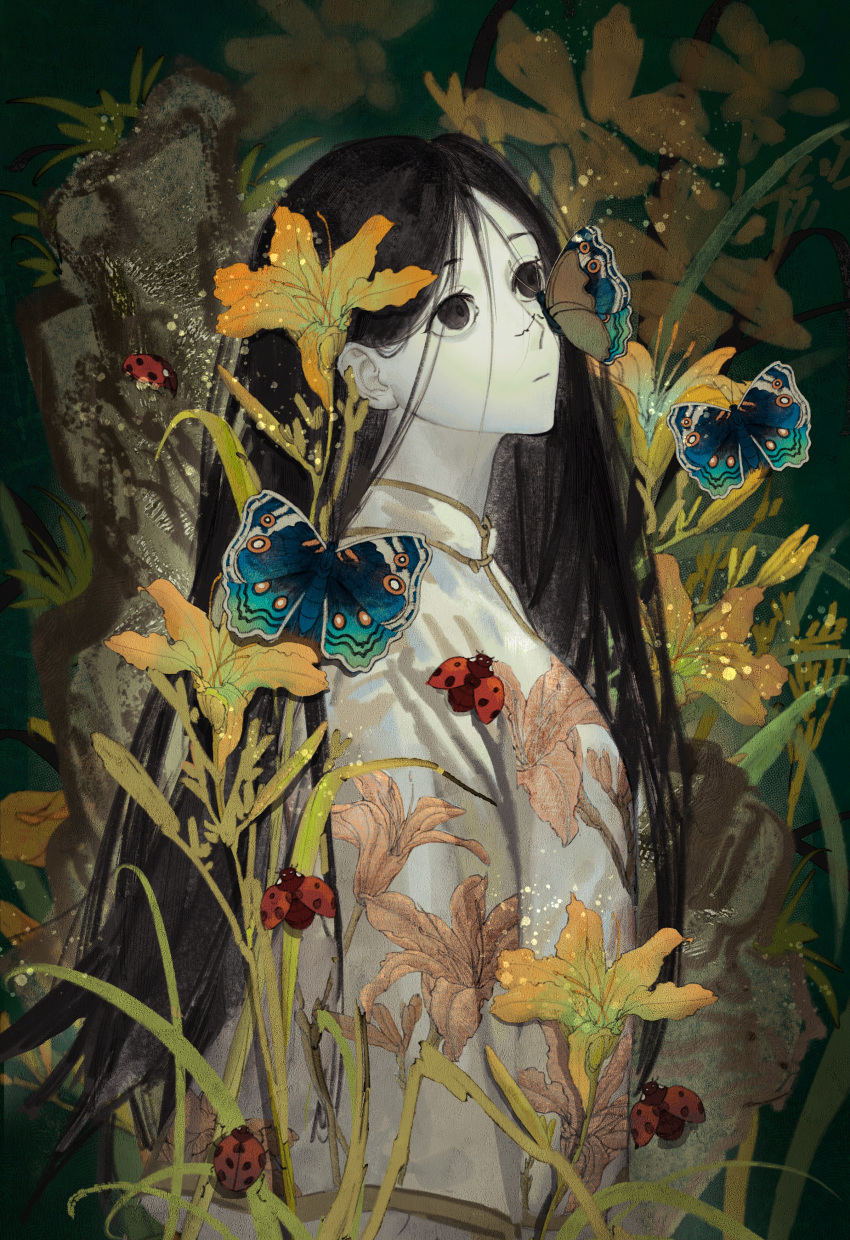 1girl, absurdres, black_eyes, black_hair, bug, butterfly, butterfly_on_nose, chinese_clothes
