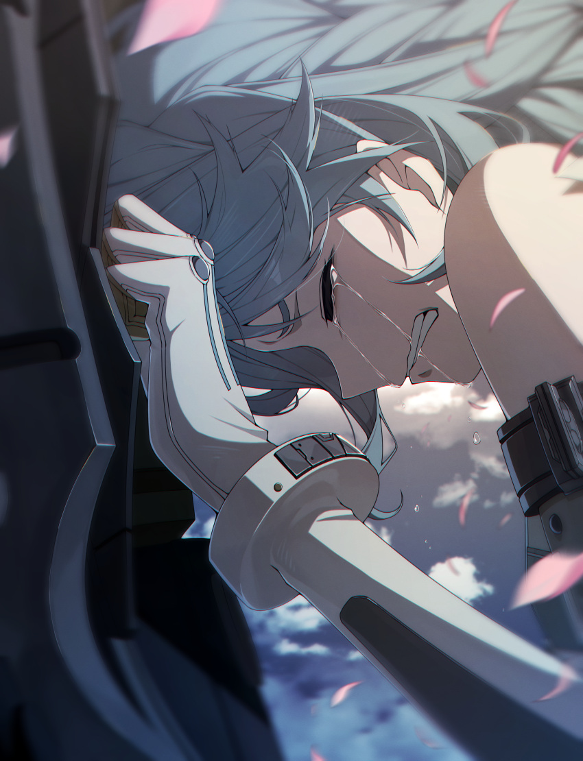 1girl, absurdres, bare_shoulders, blue_hair, blurry, blurry_background, clenched_teeth, closed_eyes